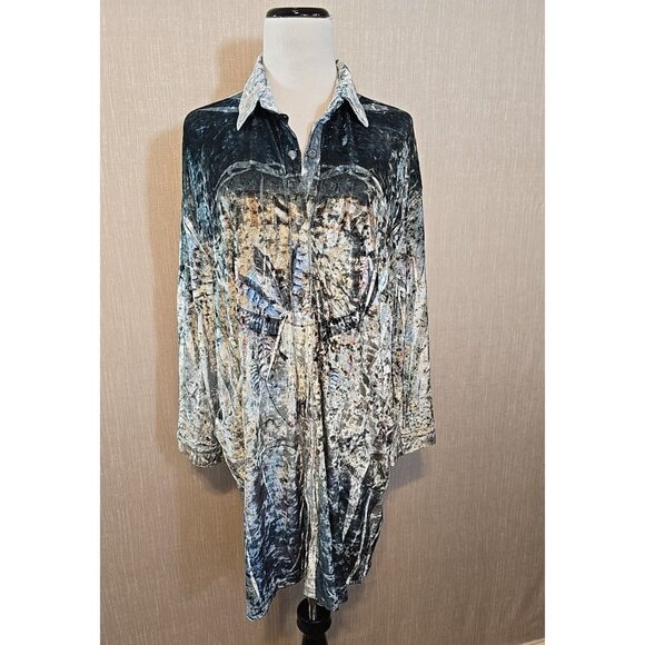 Origami Blue Velour Y2K Western Dreamcatcher tunic pockets oversized Size S - Picture 1 of 16